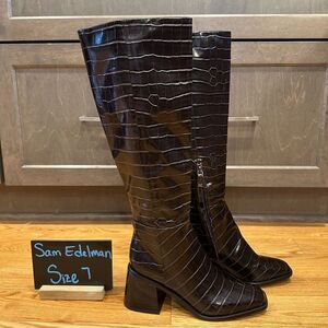 New Womens Sam Edelman Wade 2‎ Dark Brown Croc Print Leather Boots Size 7